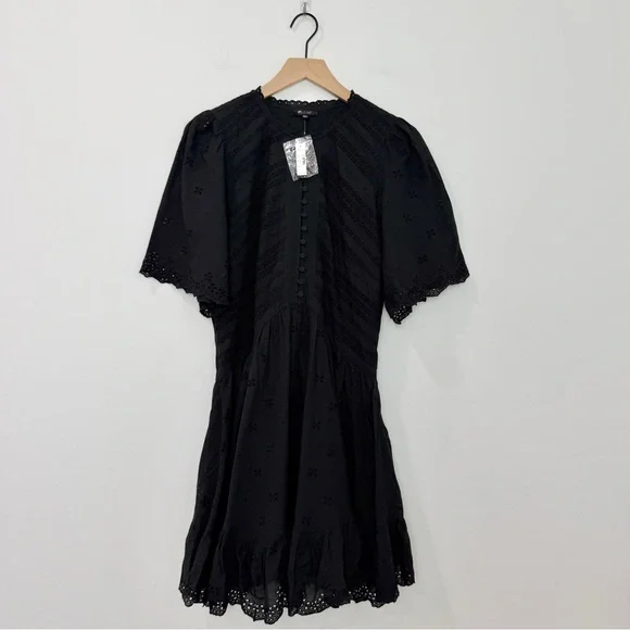 Madewell Eyelet Flutter Sleeve Mini Dress Cotton Black NWT Size 10